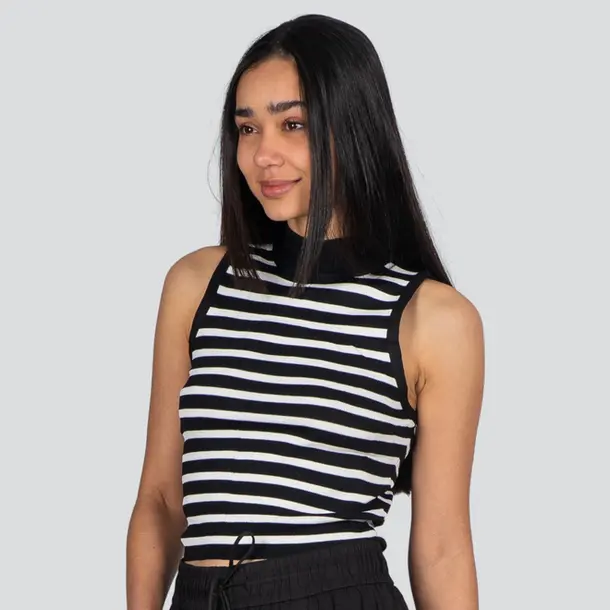 Regata Feminina Alça Larga Gola Alta Listrada Tricô Modal .S1191 Preto/Branco