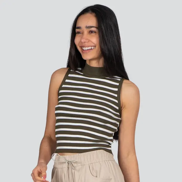 Regata Feminina Alça Larga Gola Alta Listrada Tricô Modal .S1191 Verde/Branco