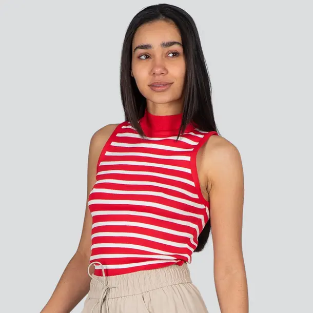 Regata Feminina Alça Larga Gola Alta Listrada Tricô Modal .S1191 Vermelho/Branco