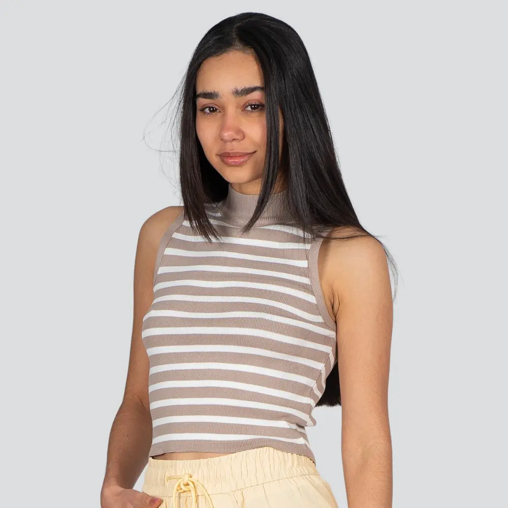 Regata Feminina Alça Larga Gola Alta Listrada Tricô Modal .S1191