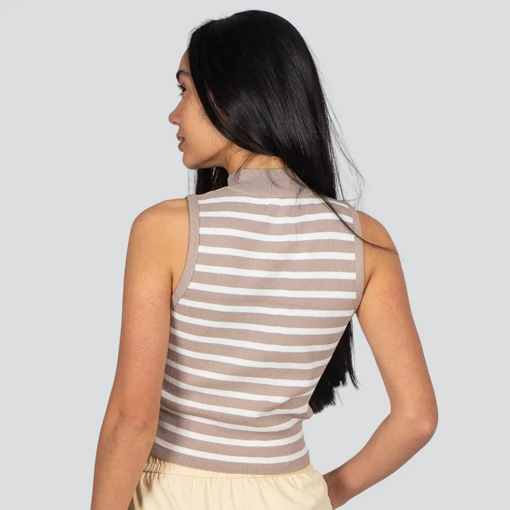 Regata Feminina Alça Larga Gola Alta Listrada Tricô Modal .S1191