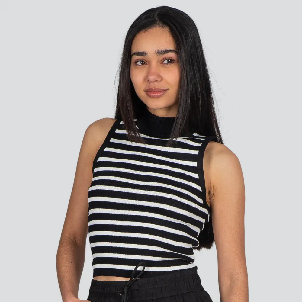 Regata Feminina Alça Larga Gola Alta Listrada Tricô Modal .S1191