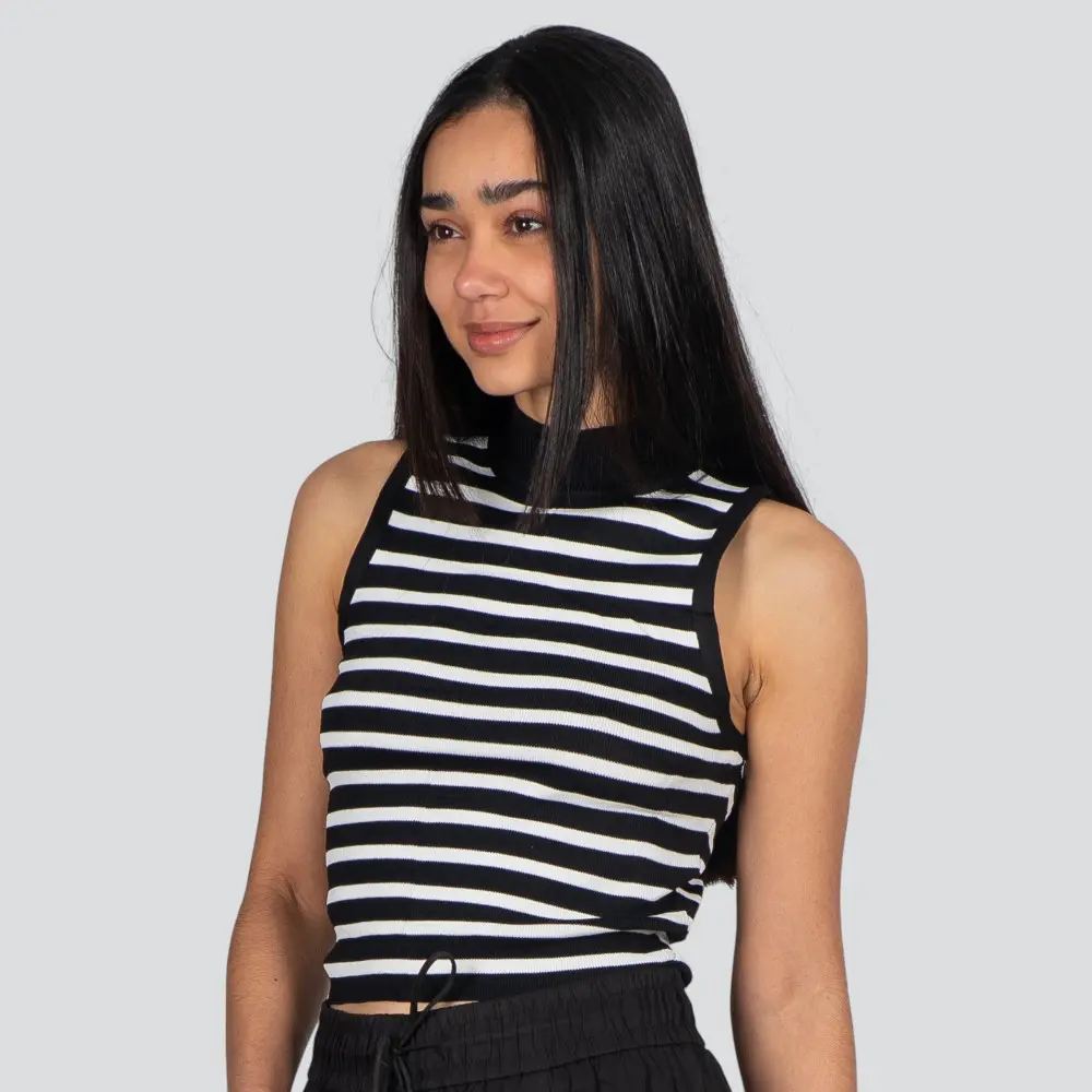 Regata Feminina Alça Larga Gola Alta Listrada Tricô Modal .S1191