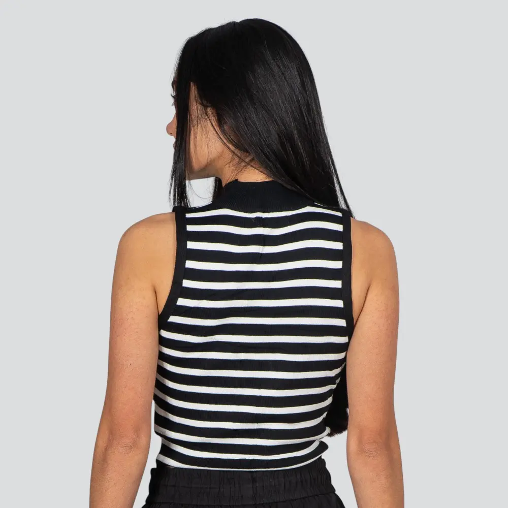 Regata Feminina Alça Larga Gola Alta Listrada Tricô Modal .S1191
