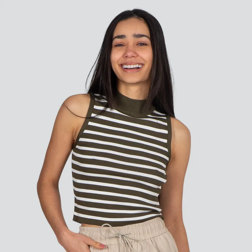 Regata Feminina Alça Larga Gola Alta Listrada Tricô Modal .S1191