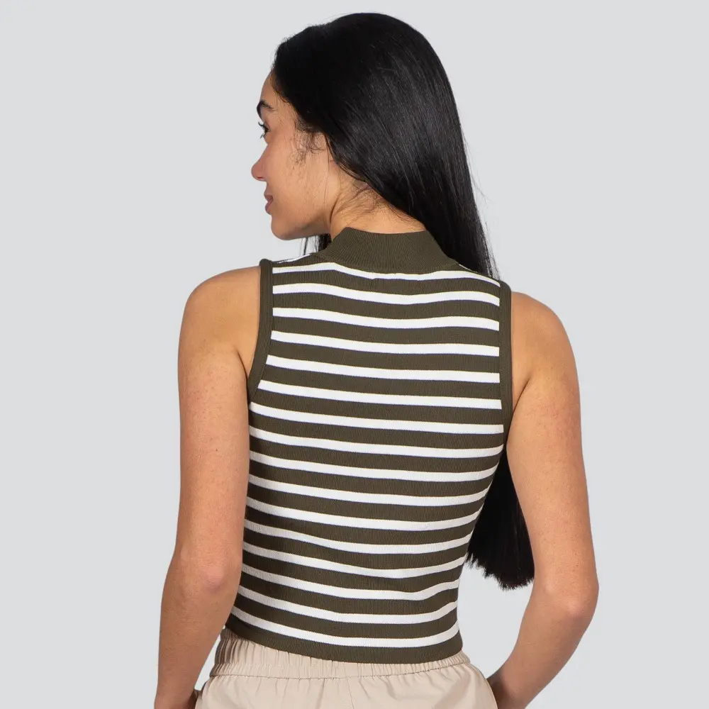Regata Feminina Alça Larga Gola Alta Listrada Tricô Modal .S1191