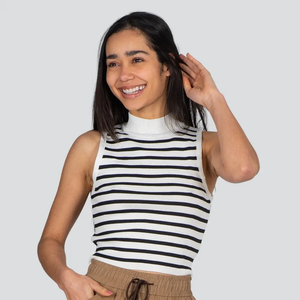 Regata Feminina Alça Larga Gola Alta Listrada Tricô Modal .S1191