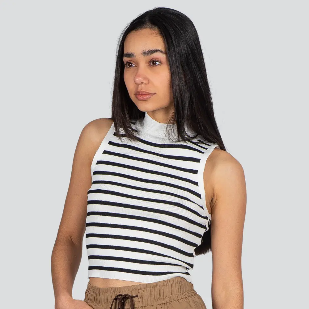Regata Feminina Alça Larga Gola Alta Listrada Tricô Modal .S1191
