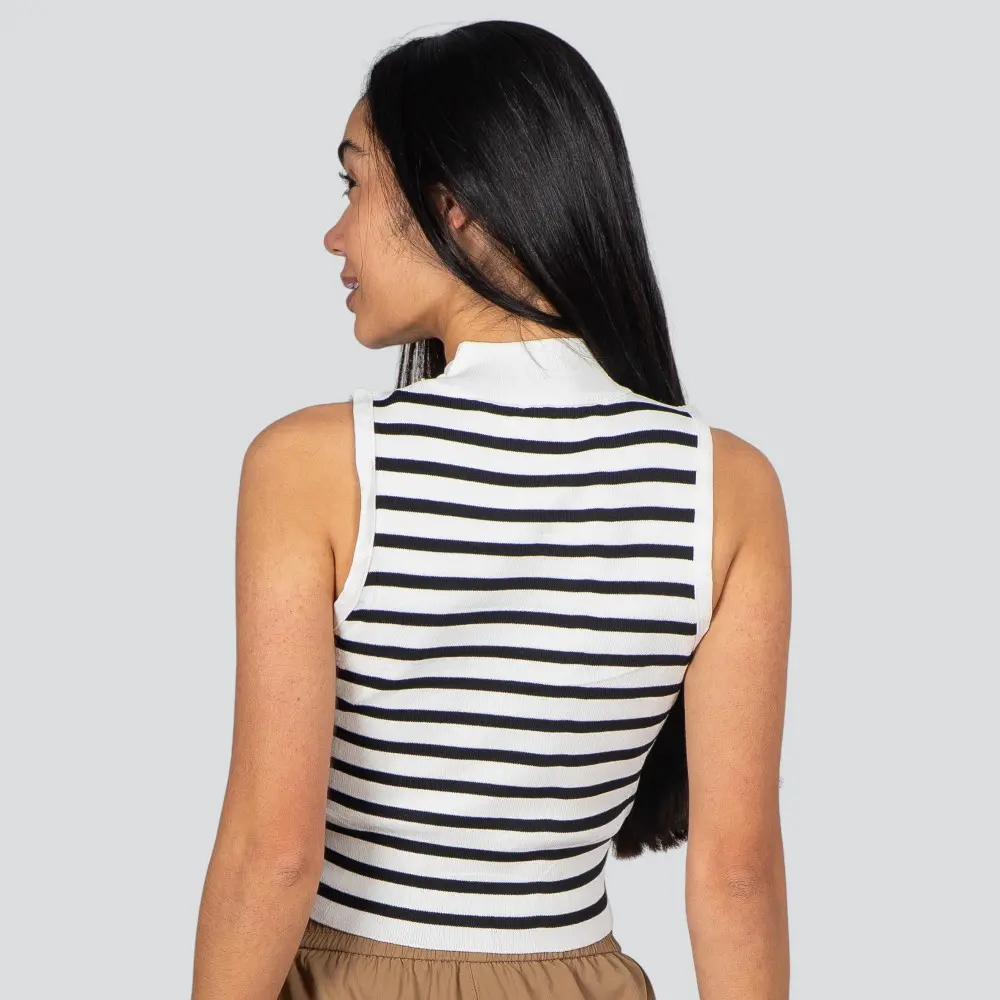 Regata Feminina Alça Larga Gola Alta Listrada Tricô Modal .S1191