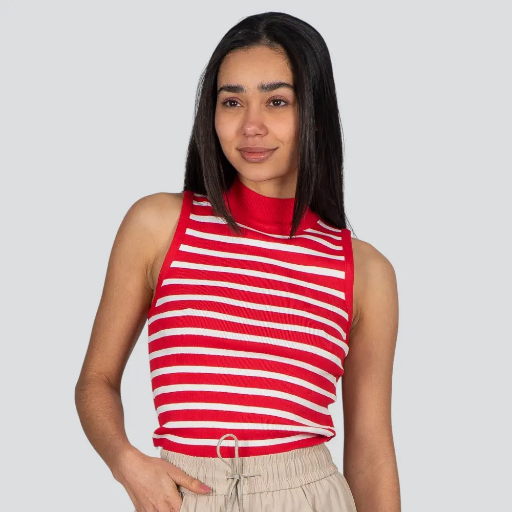 Regata Feminina Alça Larga Gola Alta Listrada Tricô Modal .S1191