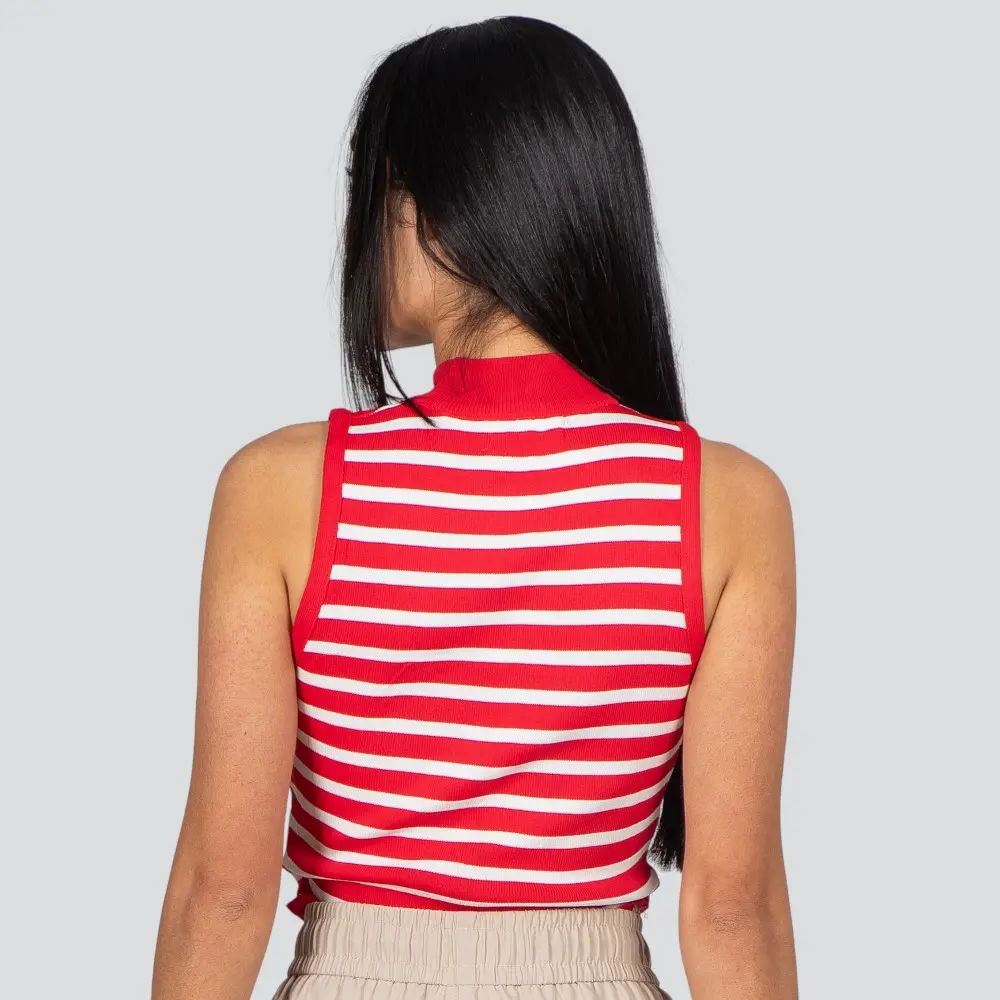 Regata Feminina Alça Larga Gola Alta Listrada Tricô Modal .S1191