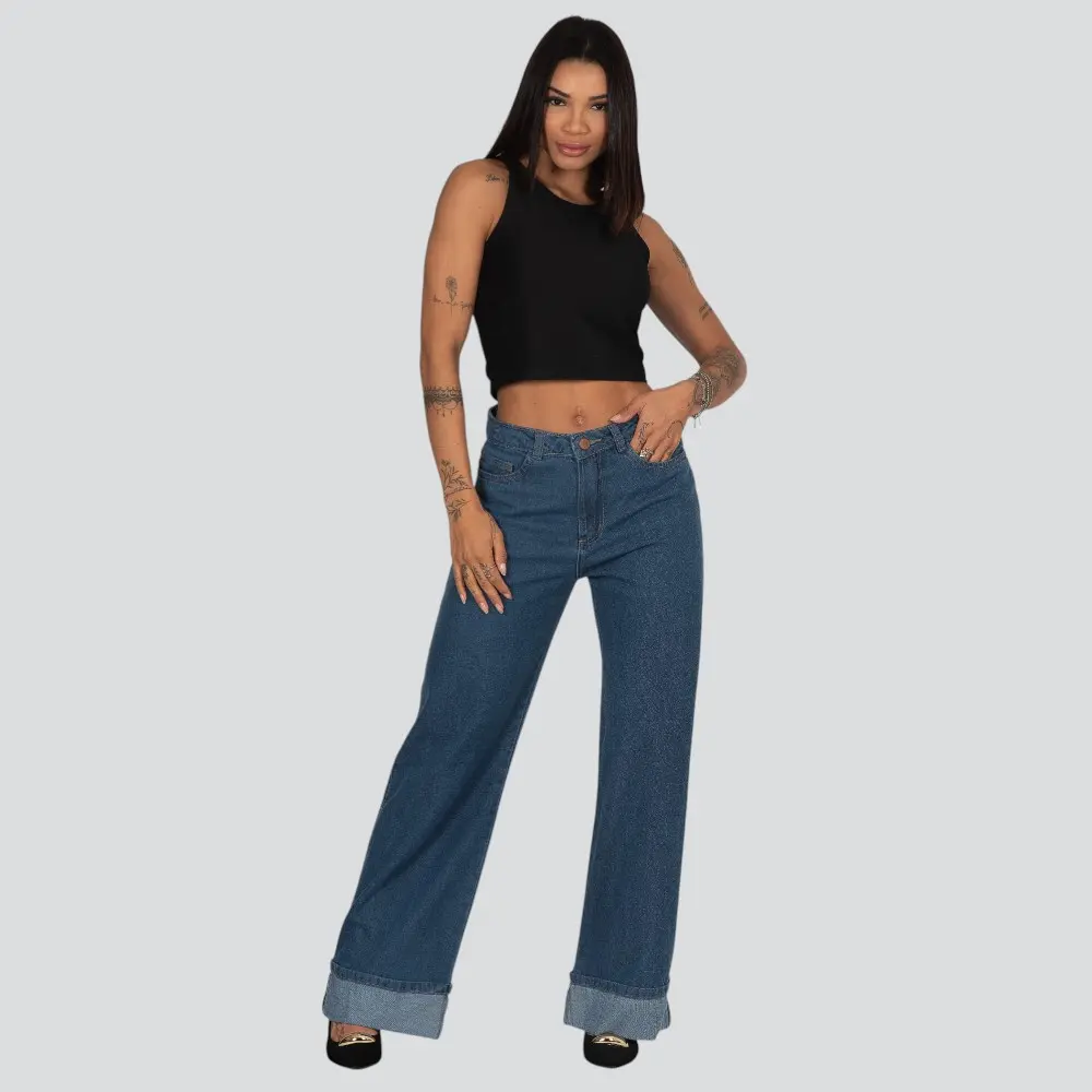 Calça Jeans Feminina Wide Leg Barra Italiana .31003