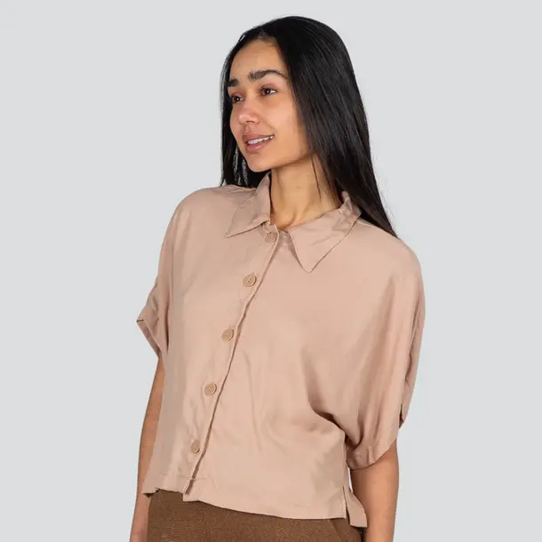 Camisa Feminina Manga Curta Viscose Lisa .1100468 Bege