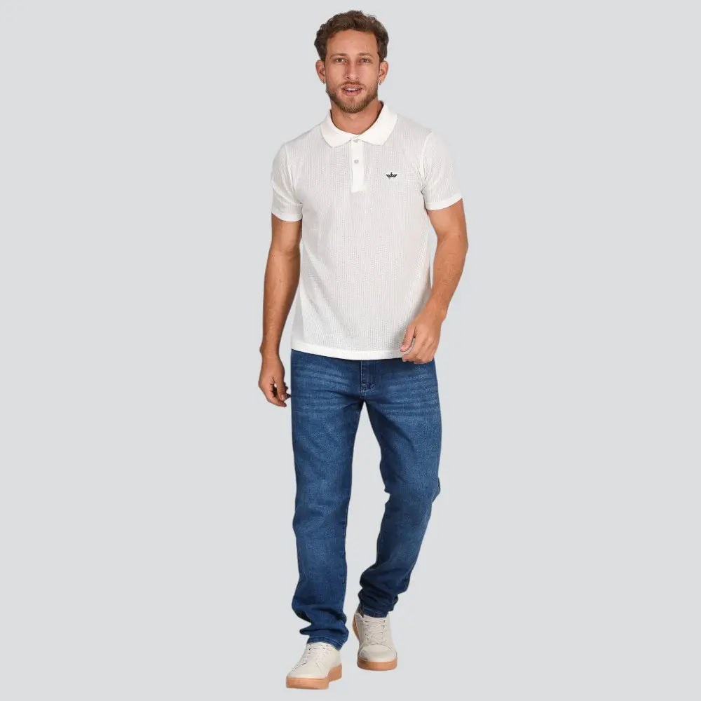 Polo Masculina Manga Curta Malha Texturizada Com Patch .4N116
