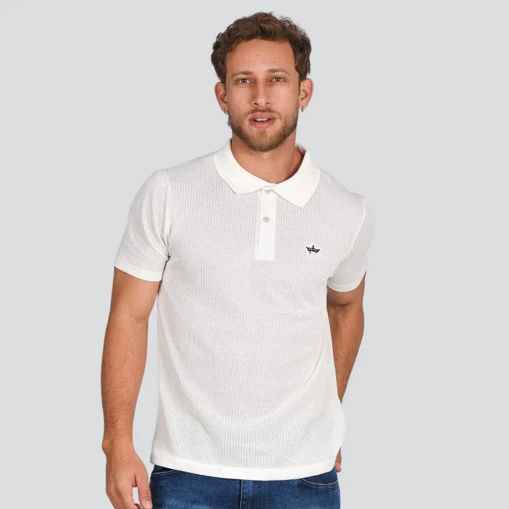 Polo Masculina Manga Curta Malha Texturizada Com Patch .4N116