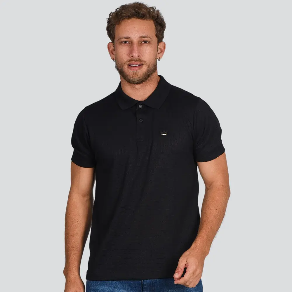Polo Masculina Manga Curta Malha Texturizada Com Patch .4N116