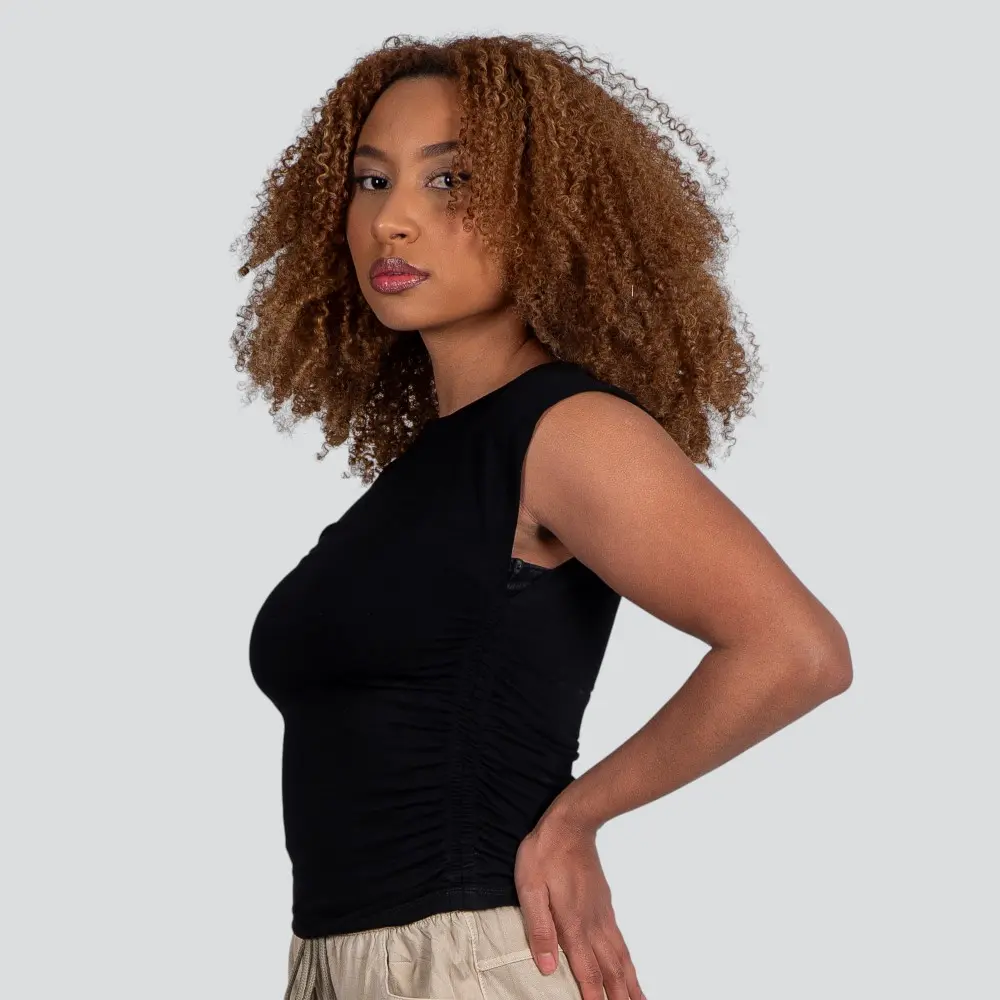 Blusa Feminina Manga Curta Moletinho Com Drapeado Lateral .12129