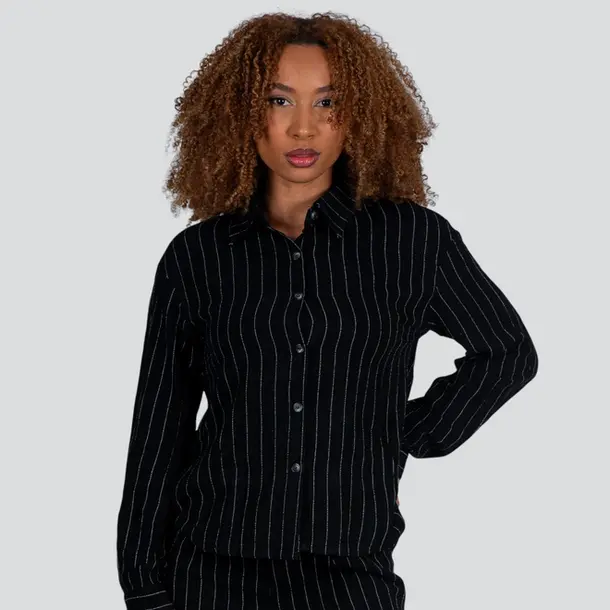 Camisa Feminina Manga Longa Linho Risca de Giz .X2409121C Preto