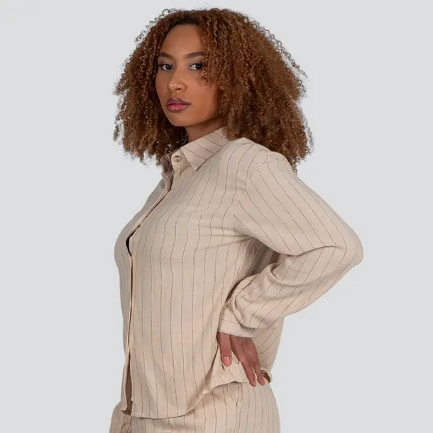 Camisa Feminina Manga Longa Linho Risca de Giz .X2409121C