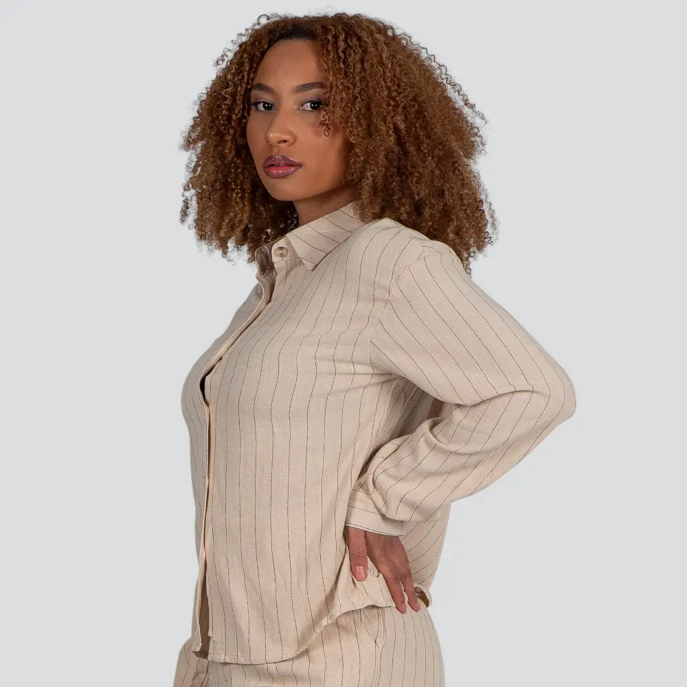 Camisa Feminina Manga Longa Linho Risca de Giz .X2409121C