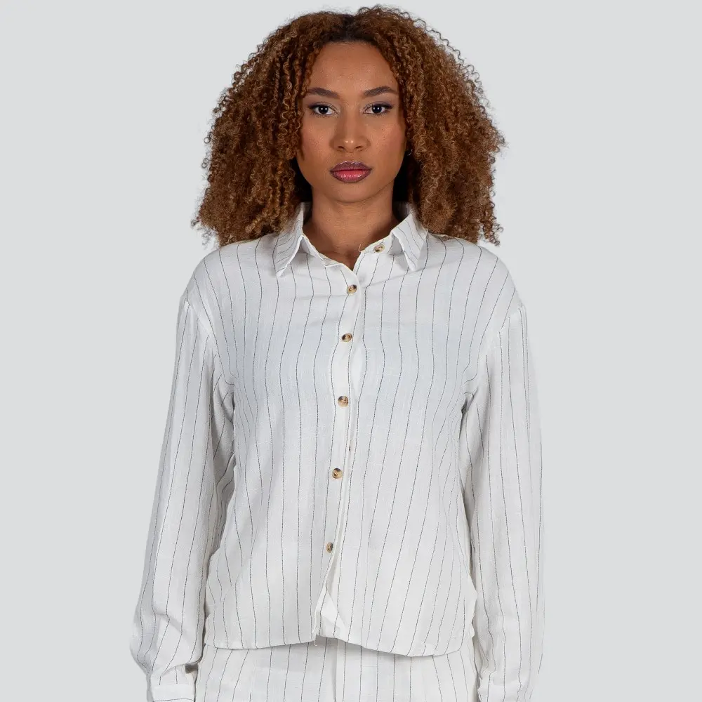 Camisa Feminina Manga Longa Linho Risca de Giz .X2409121C