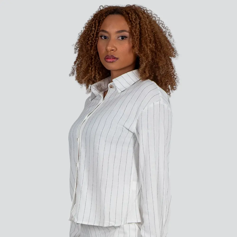 Camisa Feminina Manga Longa Linho Risca de Giz .X2409121C