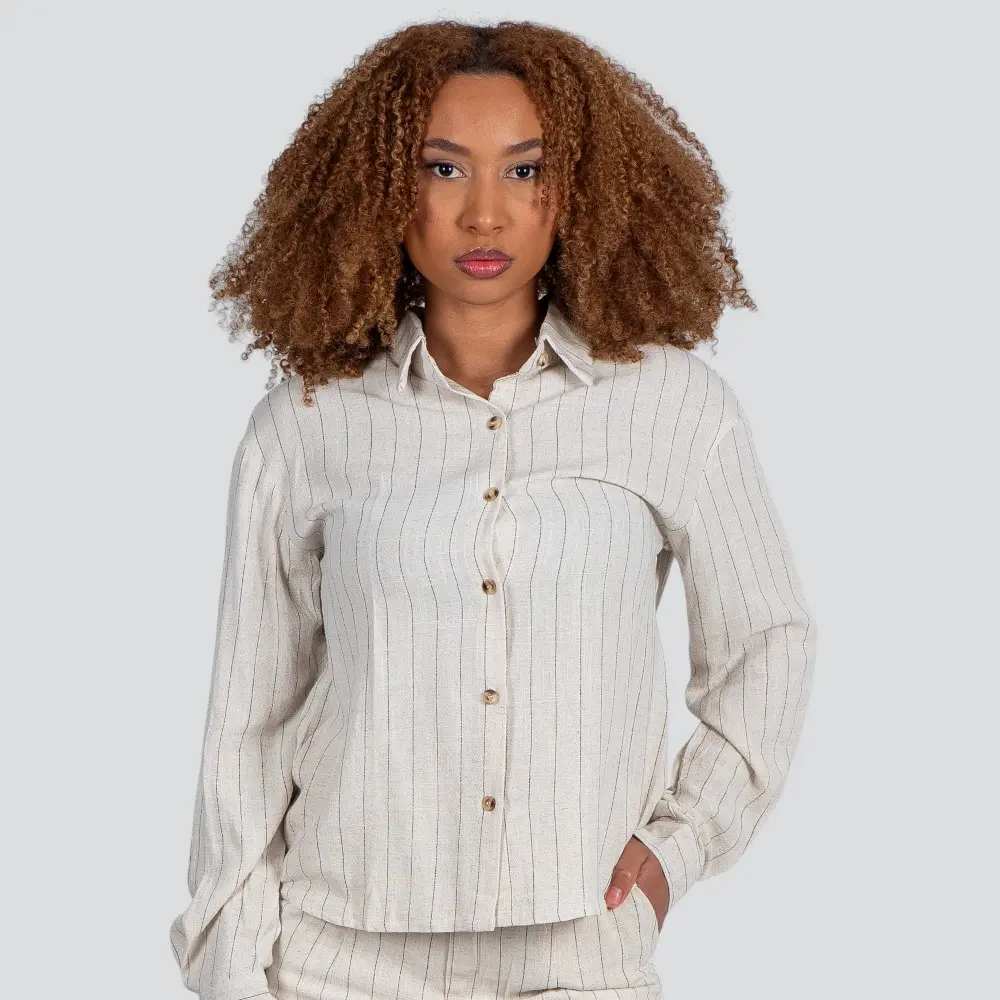 Camisa Feminina Manga Longa Linho Risca de Giz .X2409121C