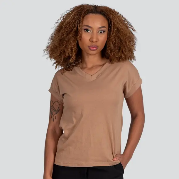 Blusa Feminina Manga Curta Gola V Lisa .XB639 Marrom