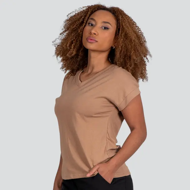 Blusa Feminina Manga Curta Gola V Lisa .XB639 Marrom