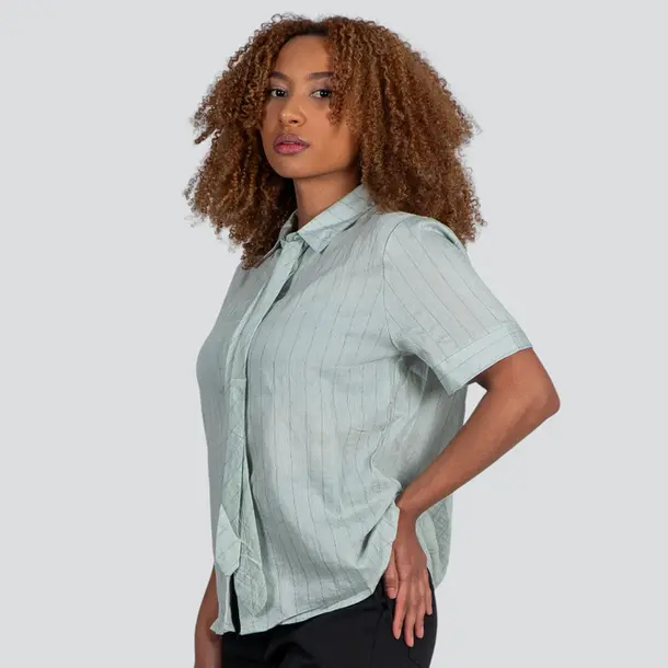 Camisa Feminina Manga Curta Risca de Giz Com Gravata Removível .XH7037 Verde
