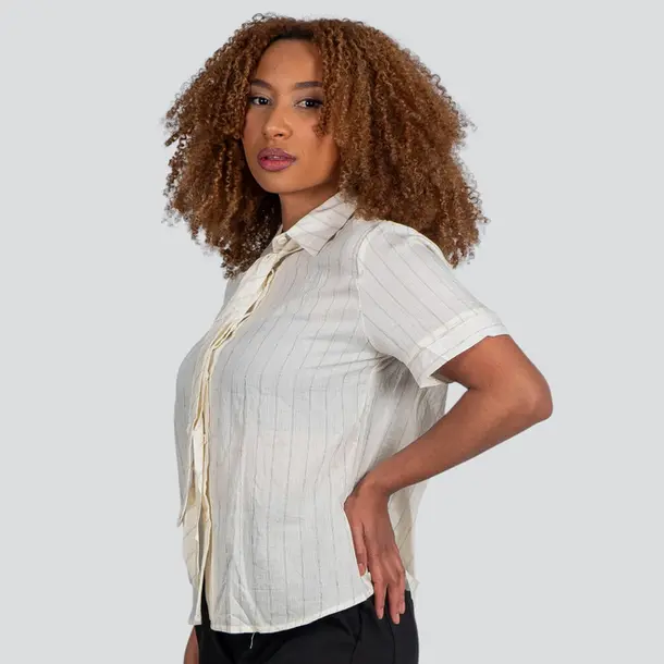 Camisa Feminina Manga Curta Risca de Giz Com Gravata Removível .XH7037 Off White