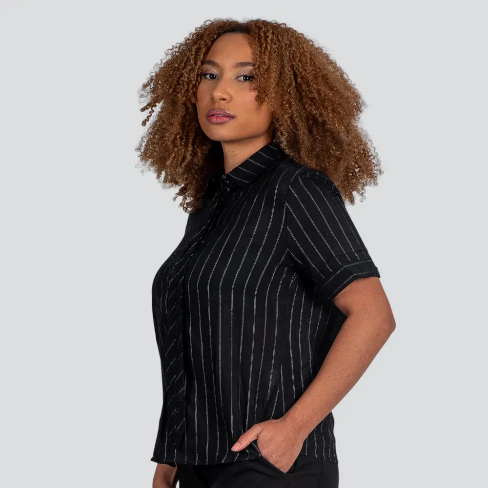 Camisa Feminina Manga Curta Risca de Giz Com Gravata Removível .XH7037