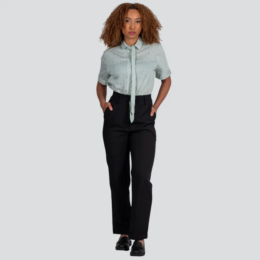 Camisa Feminina Manga Curta Risca de Giz Com Gravata Removível .XH7037