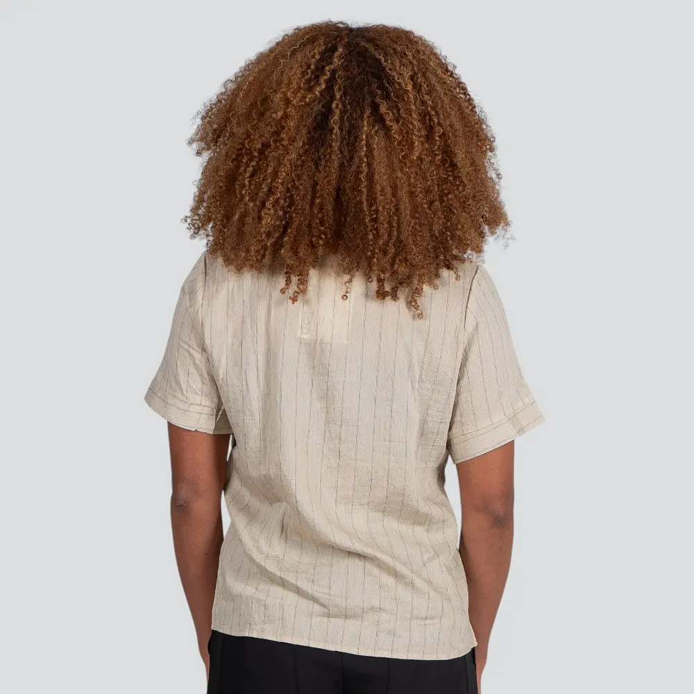 Camisa Feminina Manga Curta Risca de Giz Com Gravata Removível .XH7037