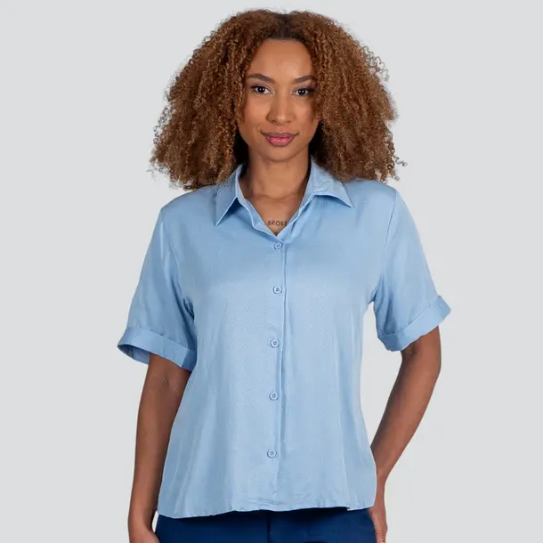Camisa Feminina Manga Curta Com Botões .WS2033 Azul