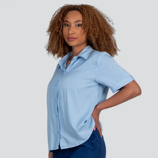 Camisa Feminina Manga Curta Com Botões .WS2033 Azul