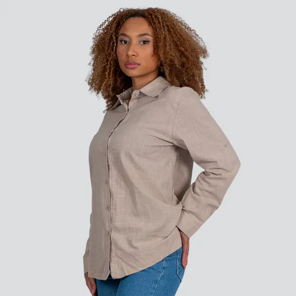Camisa Feminina Manga Longa Linho .XT38103 Bege