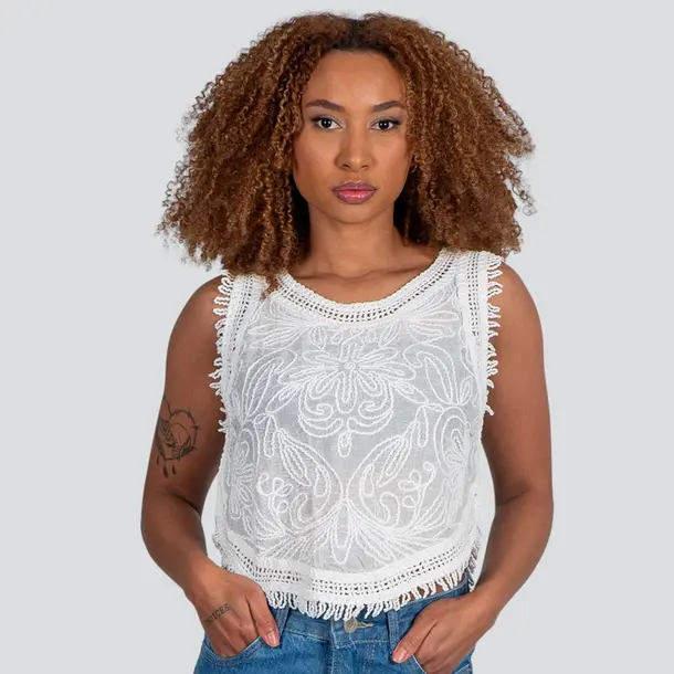 Regata Feminina Alça Larga Tricô Bordado .YY09 Branco