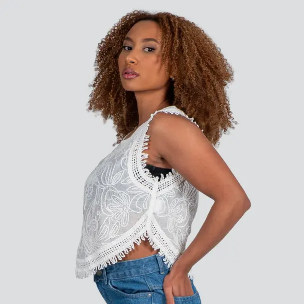Regata Feminina Alça Larga Tricô Bordado .YY09 Branco