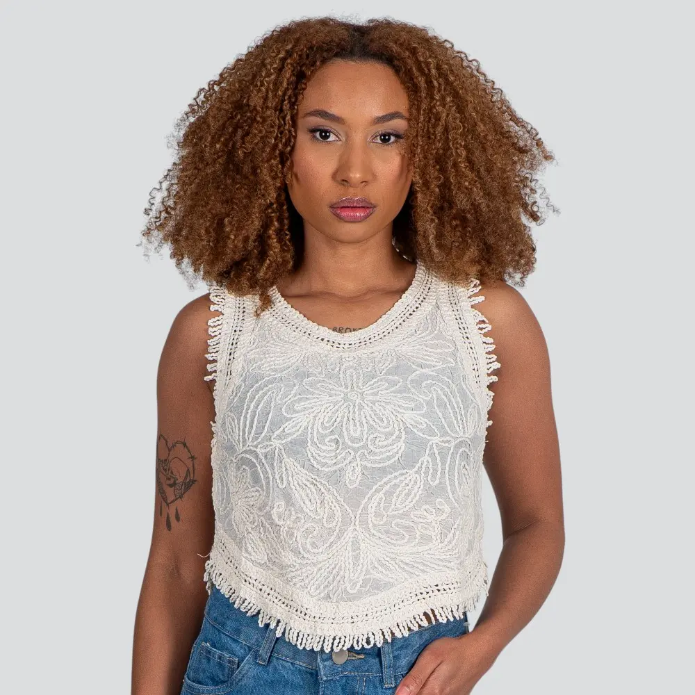 Regata Feminina Alça Larga Tricô Bordado .YY09