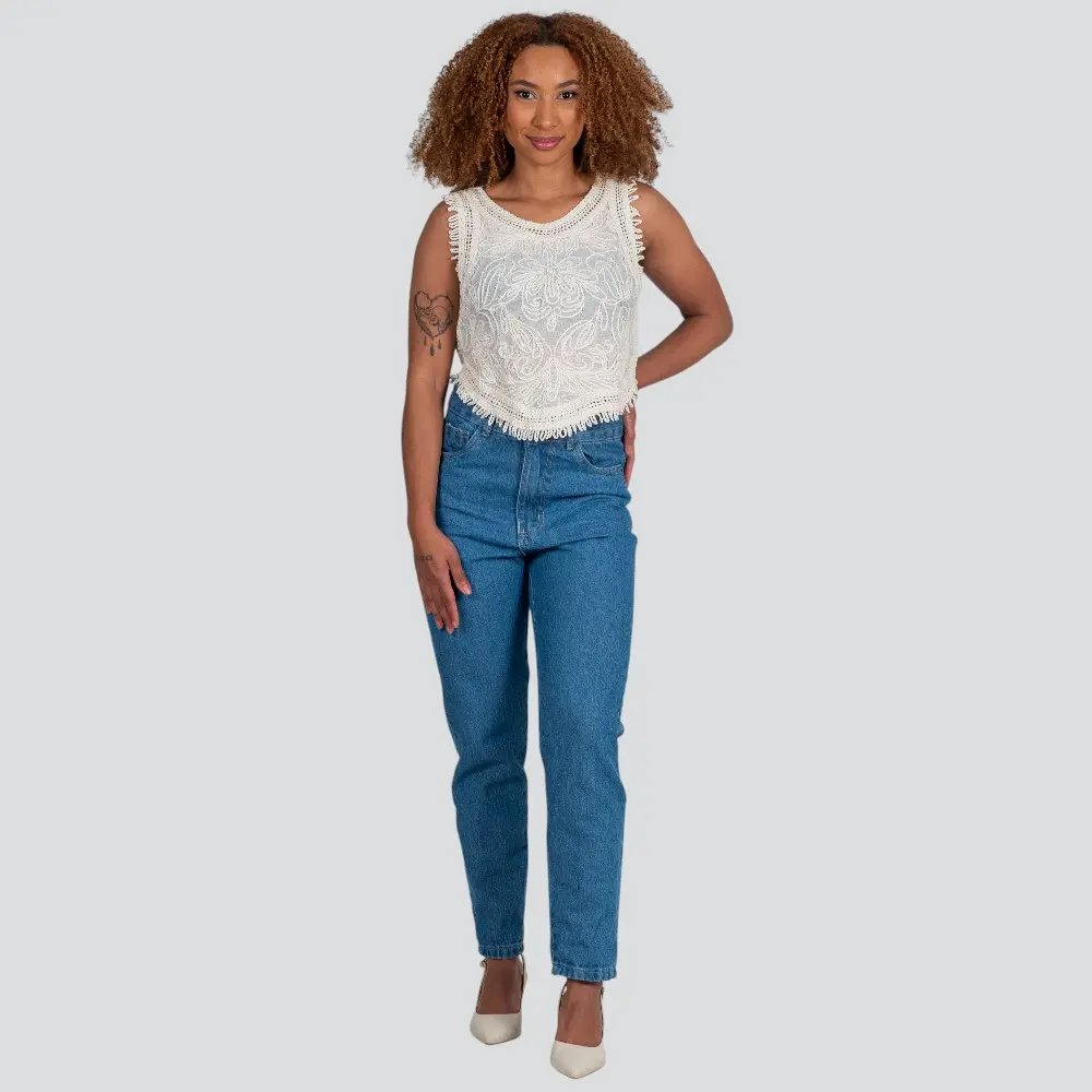 Regata Feminina Alça Larga Tricô Bordado .YY09