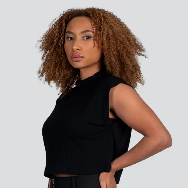 Blusa Feminina Manga Curta Gola Média Canelada .617240 Preto