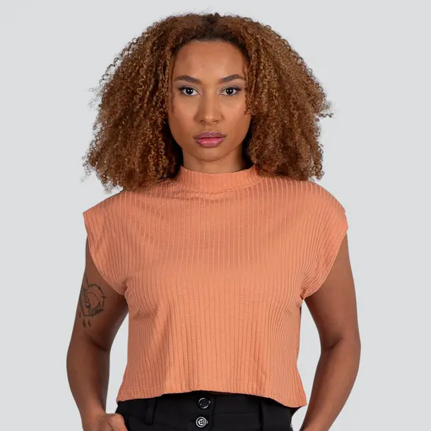 Blusa Feminina Manga Curta Gola Média Canelada .617240 Tostado