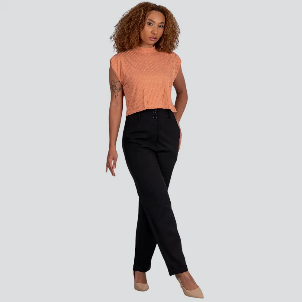 Blusa Feminina Manga Curta Gola Média Canelada .617240