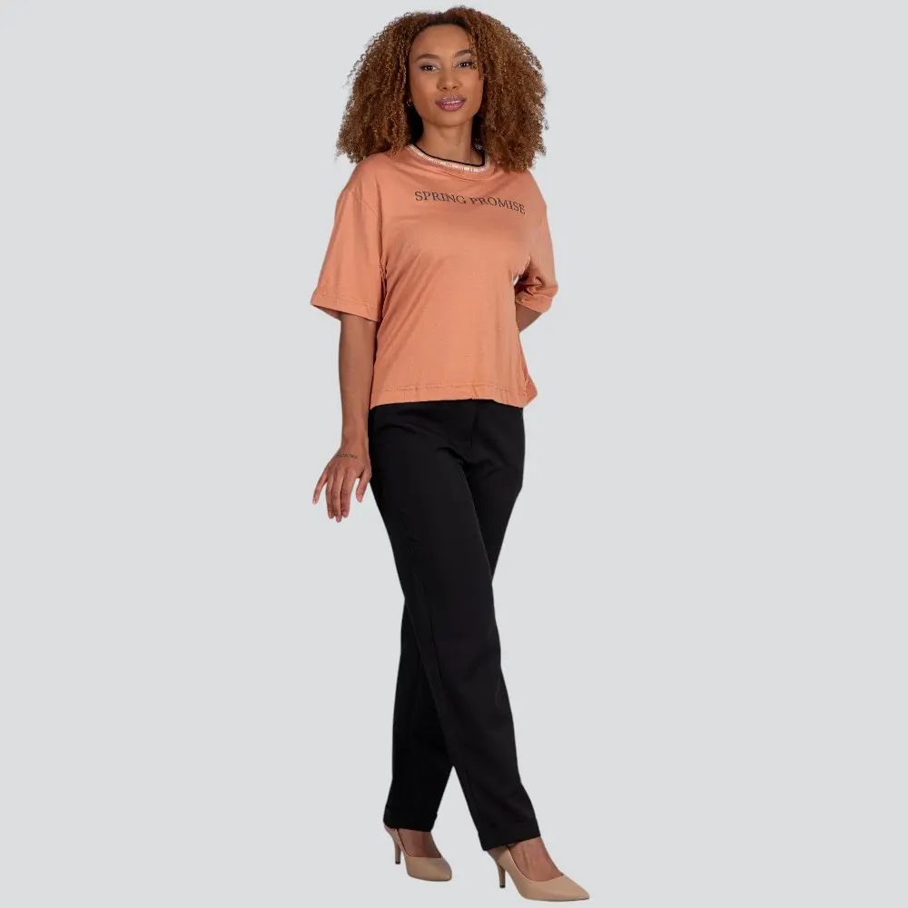 Blusa Feminina Manga Curta Viscose Creponada Com Estampa .617252