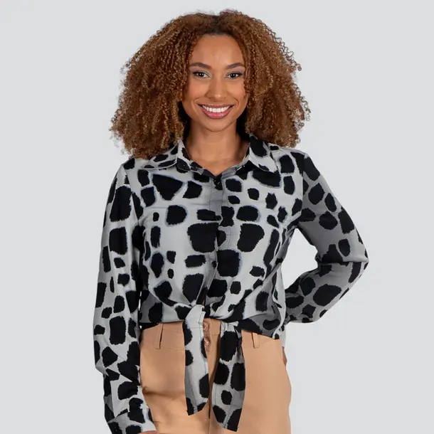 Camisa Feminina Manga Longa Acetinada Animal Print Com Amarração .X2409127C Chumbo