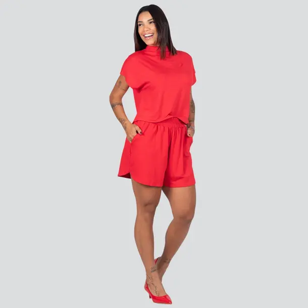 Conjunto Feminino Blusa Manga Curta + Shorts Com Elástico No Cós .617299 Vermelho