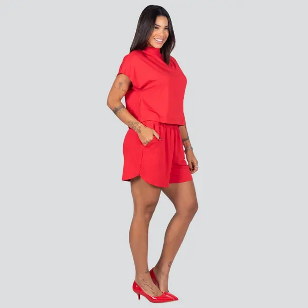 Conjunto Feminino Blusa Manga Curta + Shorts Com Elástico No Cós .617299 Vermelho
