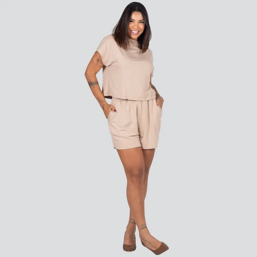 Conjunto Feminino Blusa Manga Curta + Shorts Com Elástico No Cós .617299