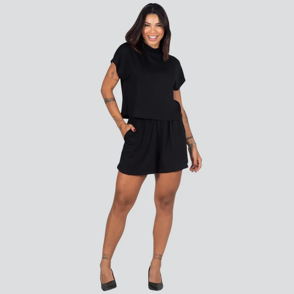 Conjunto Feminino Blusa Manga Curta + Shorts Com Elástico No Cós .617299